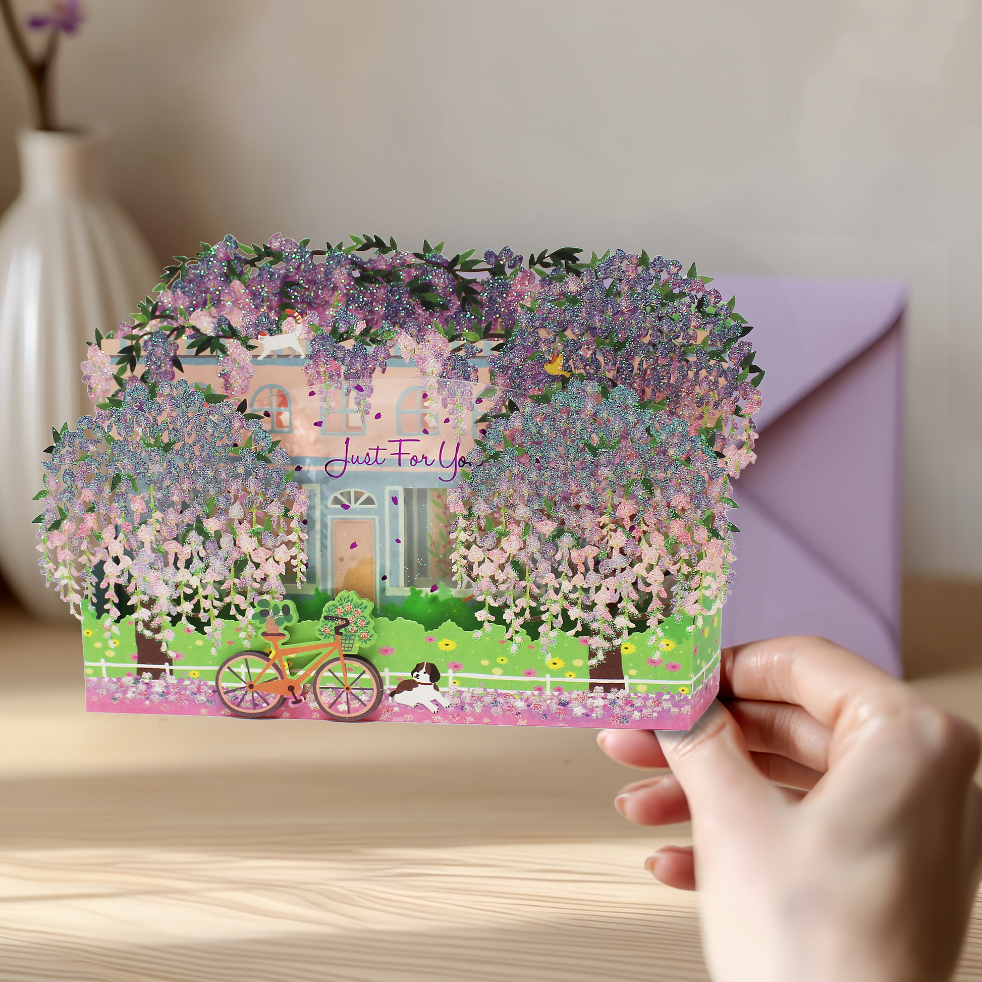 Wisteria floral pop up card presented as a thoughtful birthday or just because gift