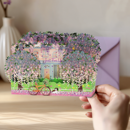 Wisteria floral pop up card presented as a thoughtful birthday or just because gift
