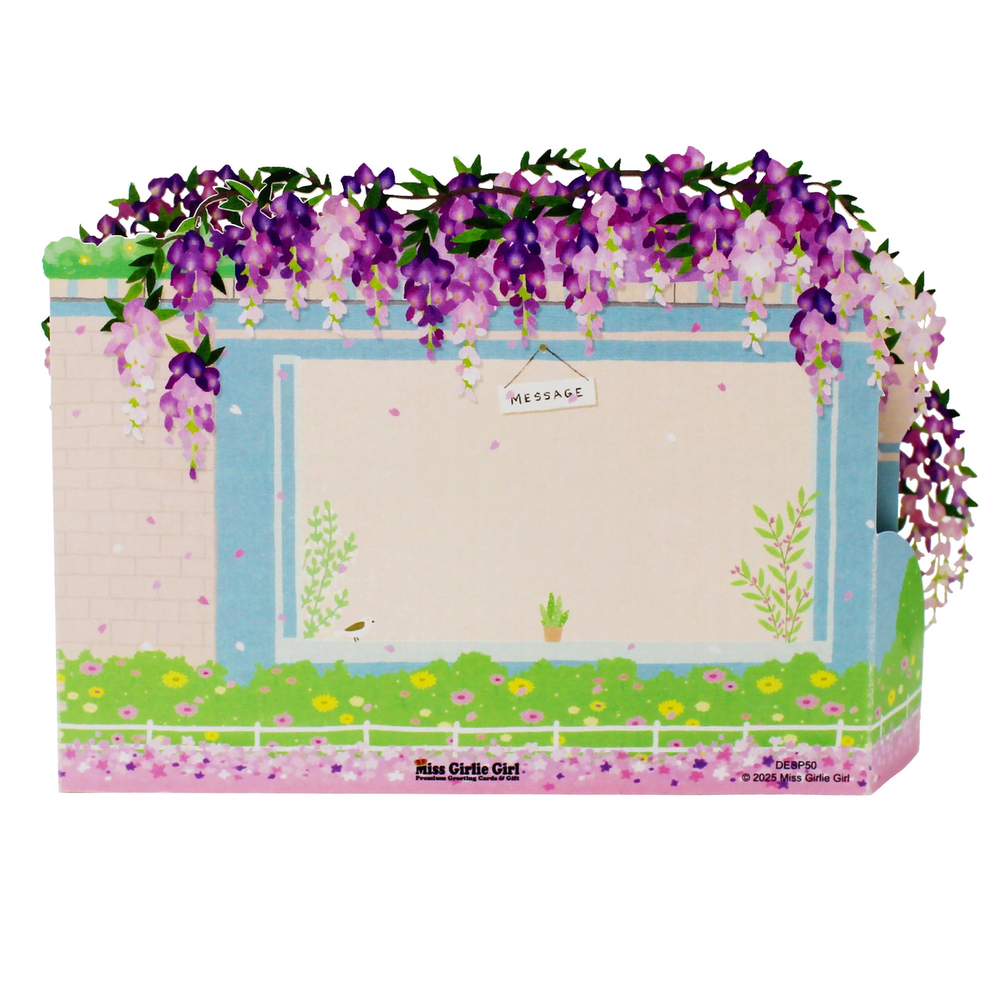 Back view of the wisteria pop up card showing the blank personal message area