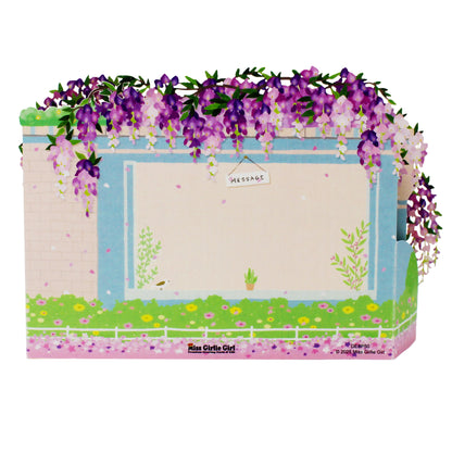 Back view of the wisteria pop up card showing the blank personal message area