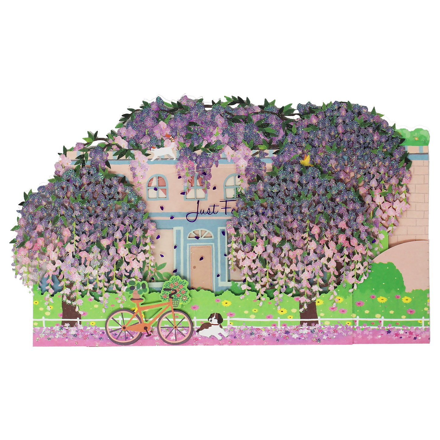 Sparkling multicolor wisteria pop up greeting card shown in its closed format