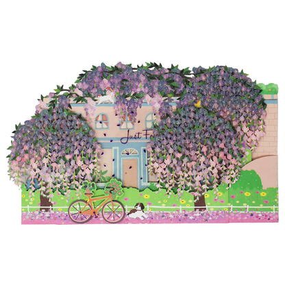 Sparkling multicolor wisteria pop up greeting card shown in its closed format