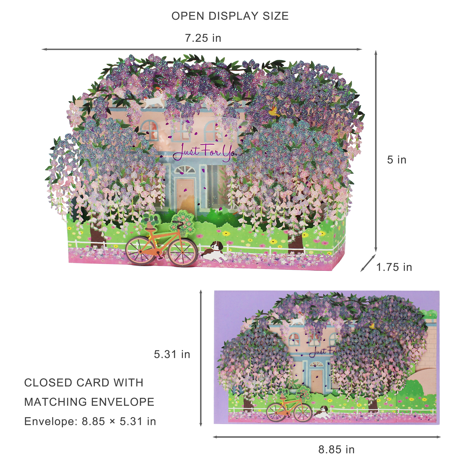 Wisteria pop up card dimensions showing open display size and matching envelope size