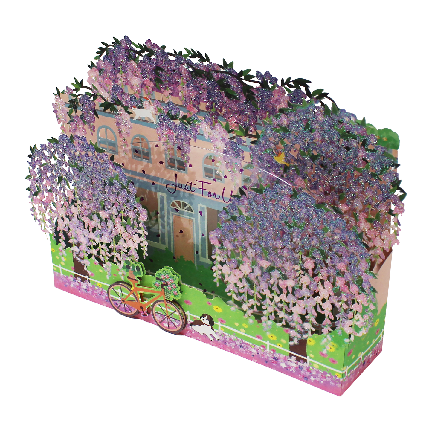 Top angled view of the wisteria pop up greeting card with layered laser cut flowers