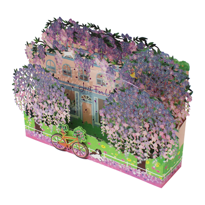 Top angled view of the wisteria pop up greeting card with layered laser cut flowers
