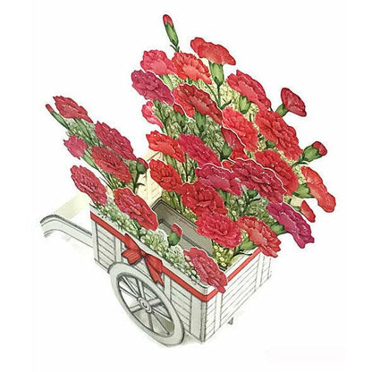 Carnation Wagon Bouquet 3D Pop-Up Mother’s Day Card – Elegant Floral Wheelbarrow Design - Miss Girlie Girl