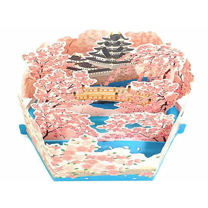 Cherry Blossom Pop-Up Greeting Card with White Castle – 3D Floral & Castle Design - Miss Girlie Girl