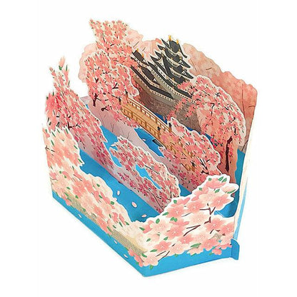 Cherry Blossom Pop-Up Greeting Card with White Castle – 3D Floral & Castle Design - Miss Girlie Girl