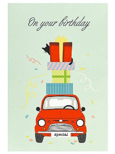 Happy Birthday Laser Cut Red Car w/ Cat Pop Up Greeting Card - Miss Girlie Girl